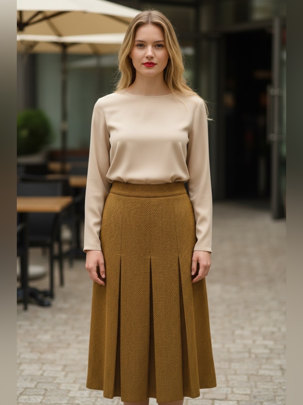 Vintage pGucci A-Line Pleated Midi Skirt in Mustard Brown